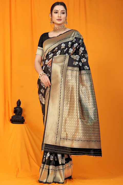 VastraLakshmi Deserving Black Kanjivaram Silk With Seraglio Blouse Piece