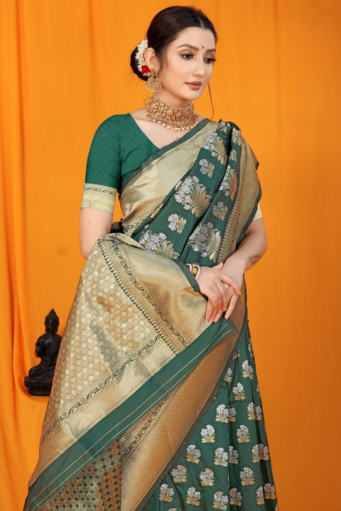 VastraLakshmi Scintilla Dark Green Kanjivaram Silk With Seraglio Blouse Piece