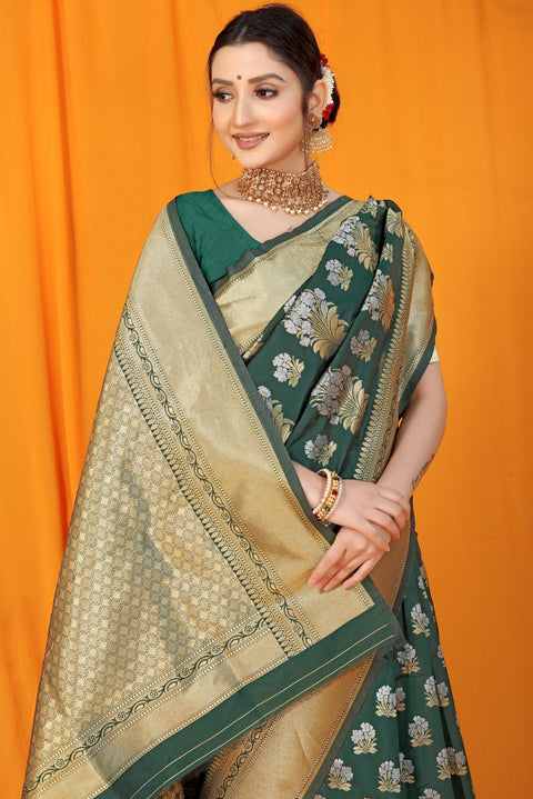 VastraLakshmi Scintilla Dark Green Kanjivaram Silk With Seraglio Blouse Piece