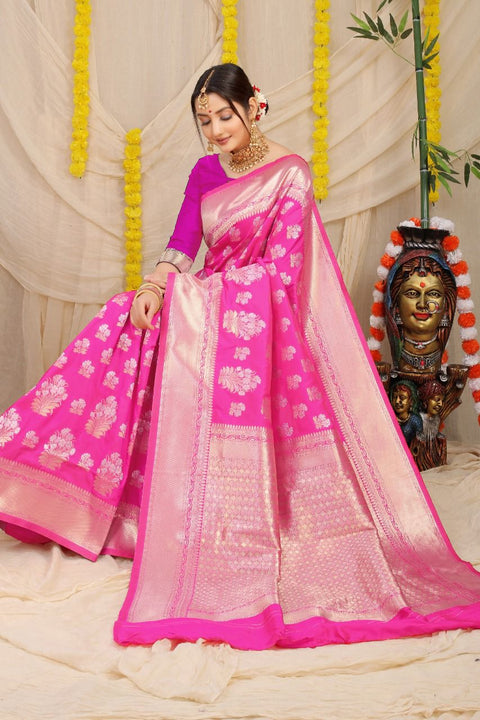 VastraLakshmi Luxuriant Dark Pink Kanjivaram Silk With Seraglio Blouse Piece