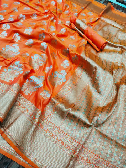 VastraLakshmi Enchanting Orange Kanjivaram Silk With Seraglio Blouse Piece