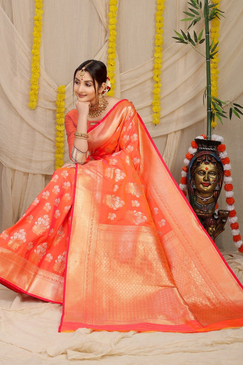 VastraLakshmi Enchanting Orange Kanjivaram Silk With Seraglio Blouse Piece