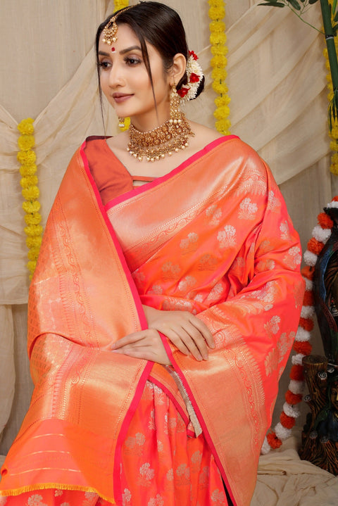 VastraLakshmi Enchanting Orange Kanjivaram Silk With Seraglio Blouse Piece