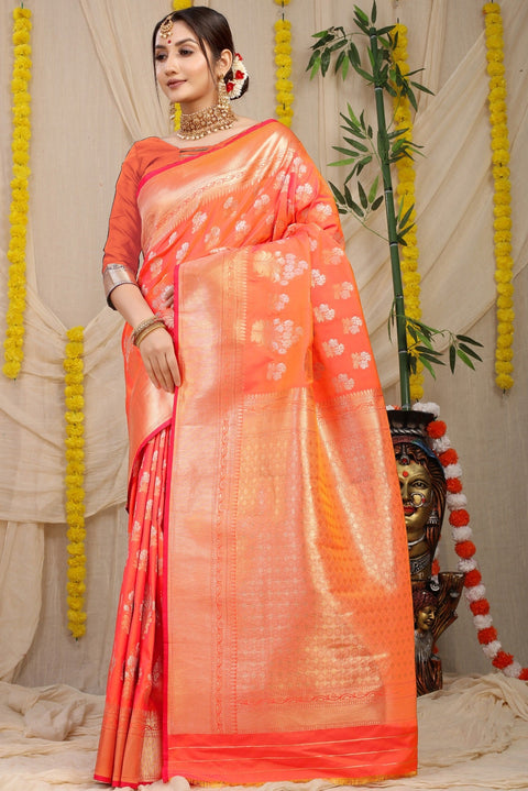 VastraLakshmi Enchanting Orange Kanjivaram Silk With Seraglio Blouse Piece