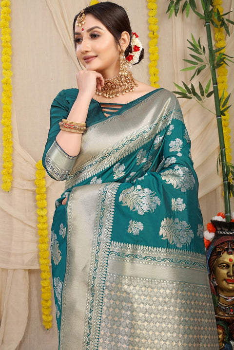 VastraLakshmi Fantabulous Rama Kanjivaram Silk With Seraglio Blouse Piece