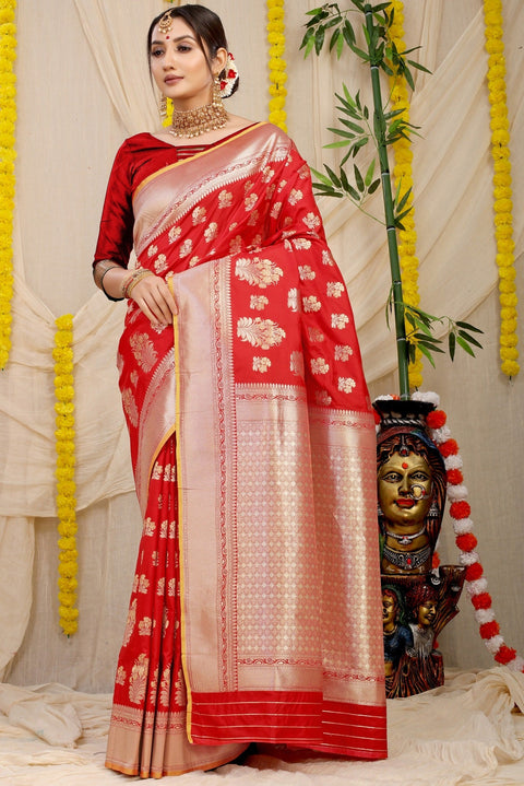 VastraLakshmi Snappy Red Kanjivaram Silk With Seraglio Blouse Piece