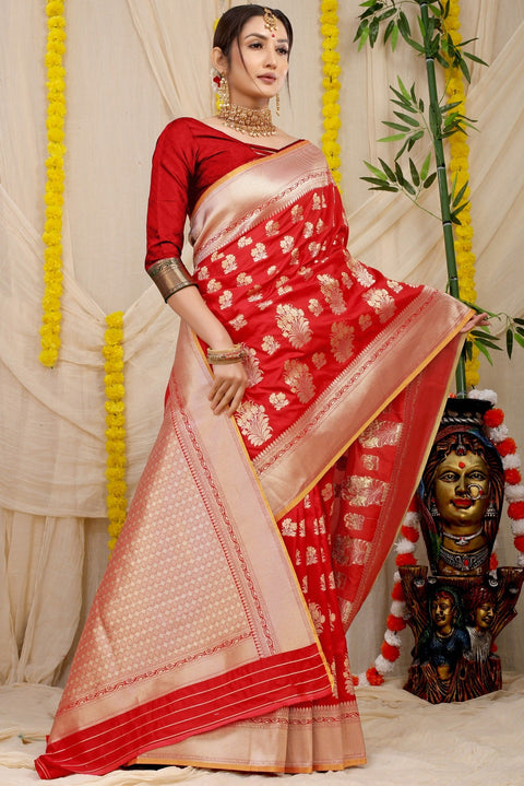 VastraLakshmi Snappy Red Kanjivaram Silk With Seraglio Blouse Piece