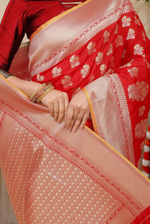 VastraLakshmi Snappy Red Kanjivaram Silk With Seraglio Blouse Piece