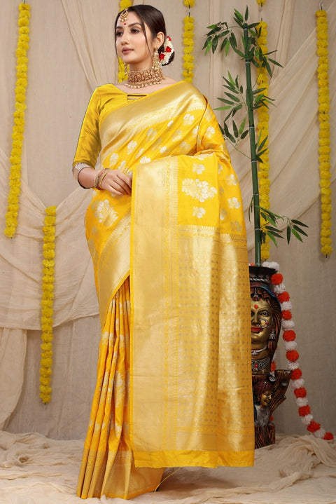 VastraLakshmi Divine Yellow Kanjivaram Silk With Seraglio Blouse Piece