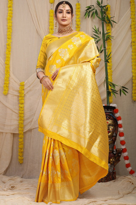 VastraLakshmi Divine Yellow Kanjivaram Silk With Seraglio Blouse Piece