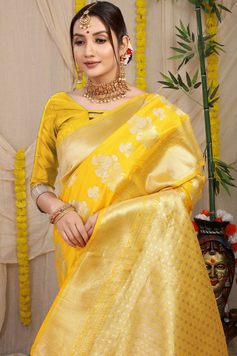 VastraLakshmi Divine Yellow Kanjivaram Silk With Seraglio Blouse Piece