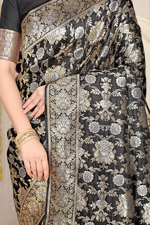 VastraLakshmi Gleaming Black Banarasi Silk Saree With Fairytale Blouse Piece