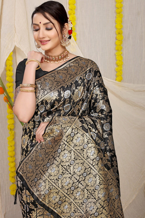 VastraLakshmi Gleaming Black Banarasi Silk Saree With Fairytale Blouse Piece