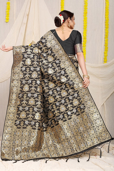 VastraLakshmi Gleaming Black Banarasi Silk Saree With Fairytale Blouse Piece