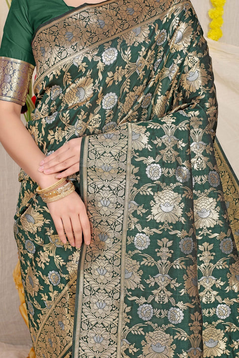 VastraLakshmi Refreshing Dark Green Banarasi Silk Saree With Fairytale Blouse Piece