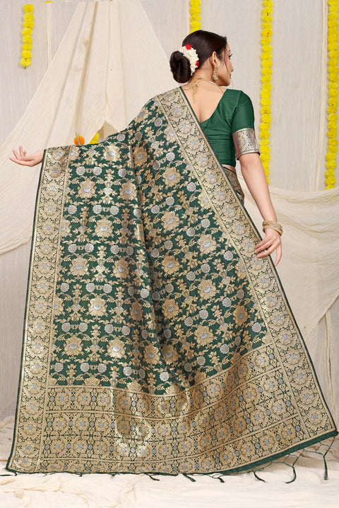 VastraLakshmi Refreshing Dark Green Banarasi Silk Saree With Fairytale Blouse Piece