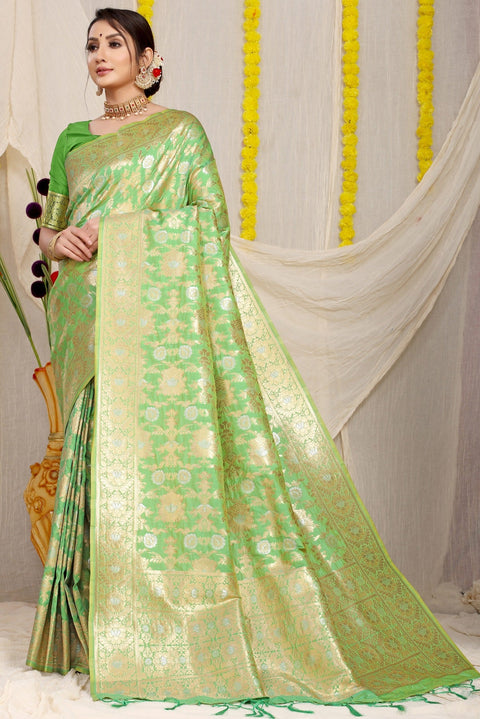 VastraLakshmi Sensational Green Banarasi Silk Saree With Fairytale Blouse Piece