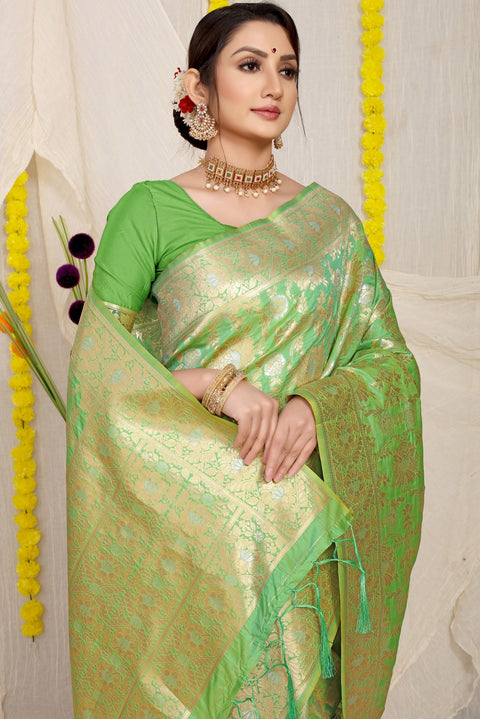 VastraLakshmi Sensational Green Banarasi Silk Saree With Fairytale Blouse Piece