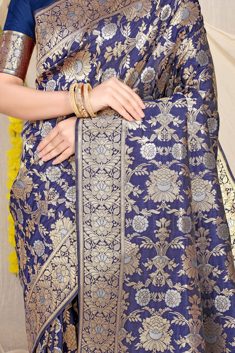 VastraLakshmi Capricious Navy Blue Banarasi Silk Saree With Fairytale Blouse Piece