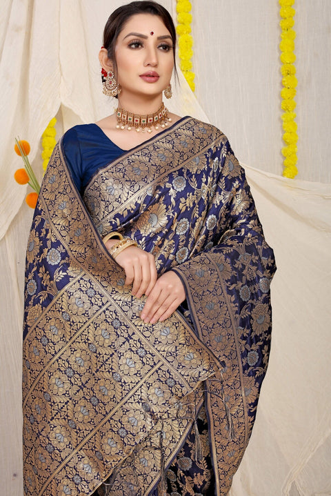 VastraLakshmi Capricious Navy Blue Banarasi Silk Saree With Fairytale Blouse Piece