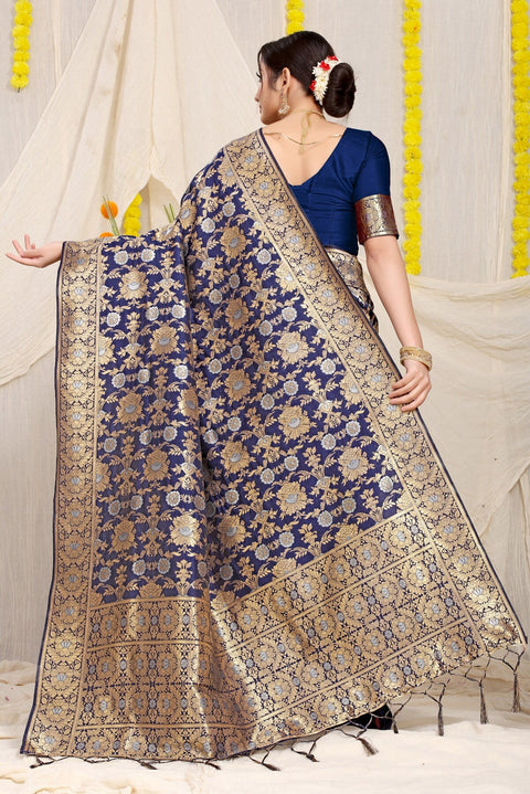 VastraLakshmi Capricious Navy Blue Banarasi Silk Saree With Fairytale Blouse Piece