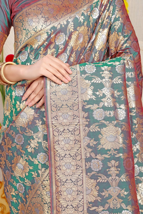 VastraLakshmi Dazzling Rama Banarasi Silk Saree With Fairytale Blouse Piece