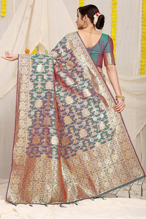 VastraLakshmi Dazzling Rama Banarasi Silk Saree With Fairytale Blouse Piece