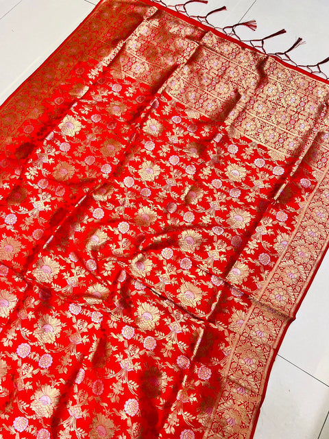 VastraLakshmi Phenomenal Red Banarasi Silk Saree With Fairytale Blouse Piece