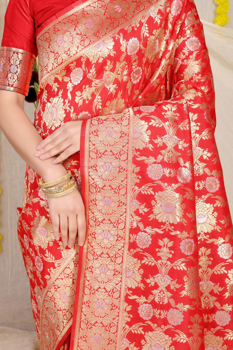 VastraLakshmi Phenomenal Red Banarasi Silk Saree With Fairytale Blouse Piece