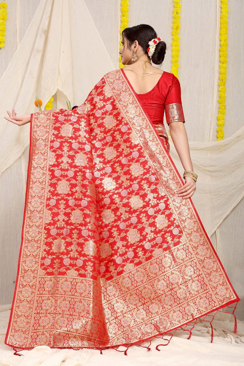 VastraLakshmi Phenomenal Red Banarasi Silk Saree With Fairytale Blouse Piece