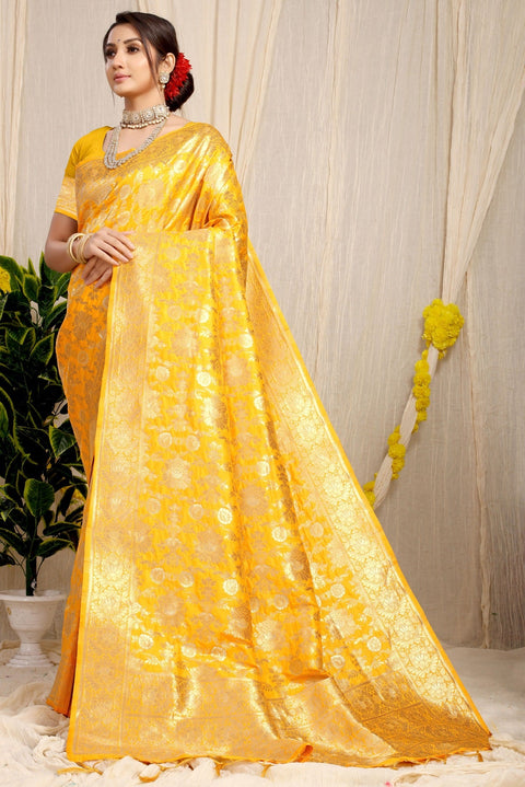 VastraLakshmi Prominent Yellow Banarasi Silk Saree With Fairytale Blouse Piece