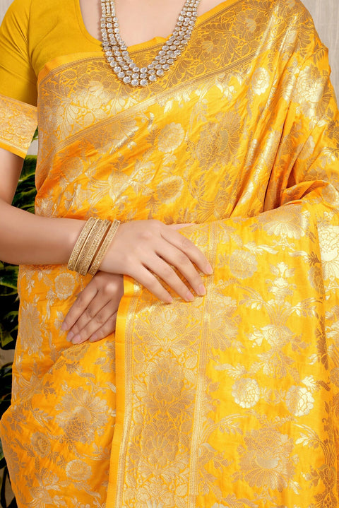 VastraLakshmi Prominent Yellow Banarasi Silk Saree With Fairytale Blouse Piece