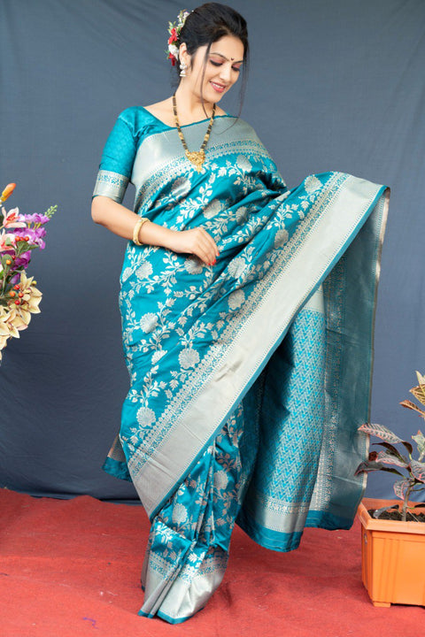 VastraLakshmi Magnificat Firozi Banarasi Silk Saree With Lissome Blouse Piece