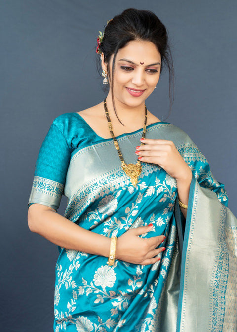 VastraLakshmi Magnificat Firozi Banarasi Silk Saree With Lissome Blouse Piece