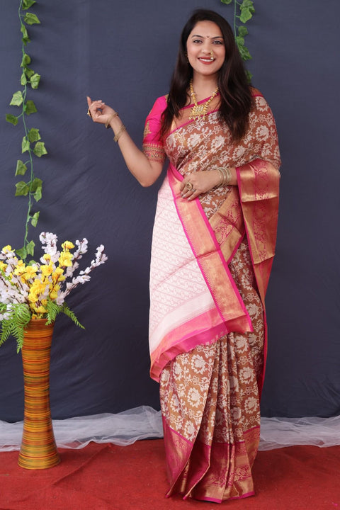 VastraLakshmi Incomparable Brown Kanjivaram Silk With Supernal Blouse Piece