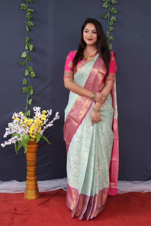 VastraLakshmi Transcendent Sky Kanjivaram Silk With Enchanting Blouse Piece