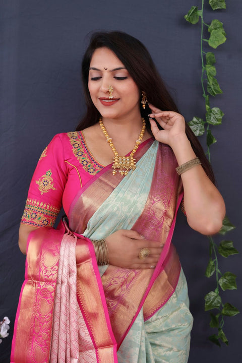 VastraLakshmi Transcendent Sky Kanjivaram Silk With Enchanting Blouse Piece