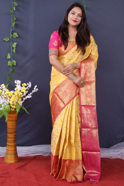 VastraLakshmi Luxuriant Yellow Kanjivaram Silk With Snazzy Blouse Piece