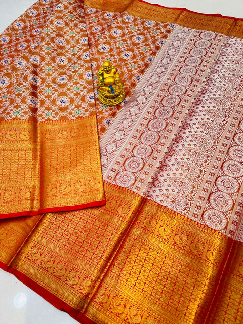 VastraLakshmi Eloquence Orange Kanjivaram Silk and Angelic Blouse Piece