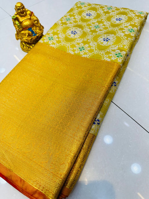 VastraLakshmi Redolent Yellow Kanjivaram Silk and Angelic Blouse Piece