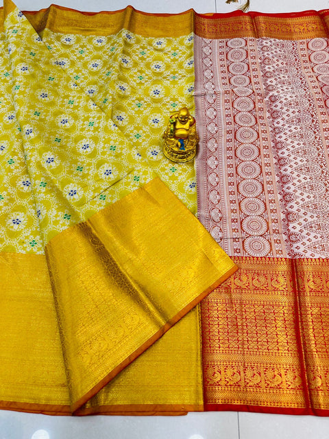 VastraLakshmi Redolent Yellow Kanjivaram Silk and Angelic Blouse Piece