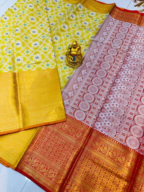 VastraLakshmi Redolent Yellow Kanjivaram Silk and Angelic Blouse Piece