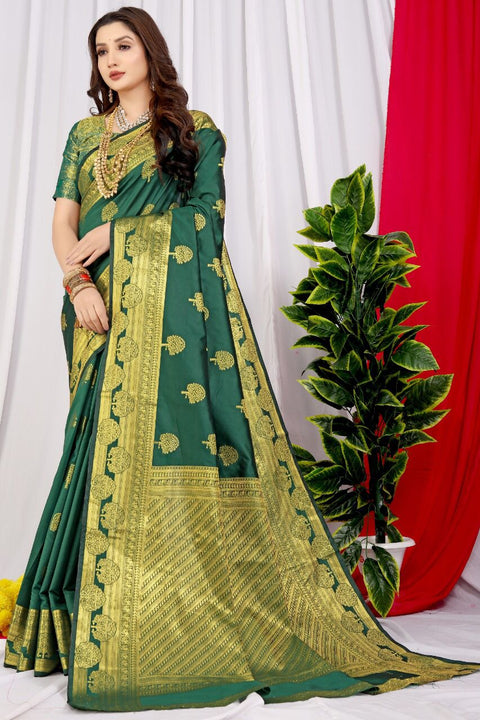 VastraLakshmi Sophisticated Dark Green Soft Banarasi Silk Saree With Supernal Blouse Piece