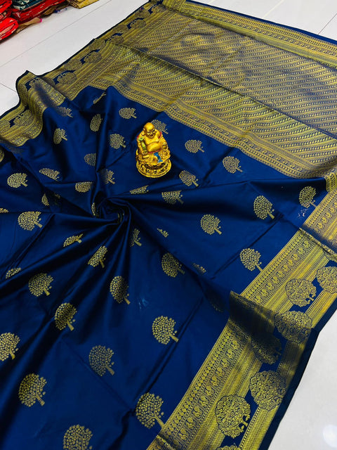 VastraLakshmi Dazzling Navy Blue Soft Banarasi Silk Saree With Supernal Blouse Piece