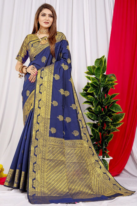 VastraLakshmi Dazzling Navy Blue Soft Banarasi Silk Saree With Supernal Blouse Piece