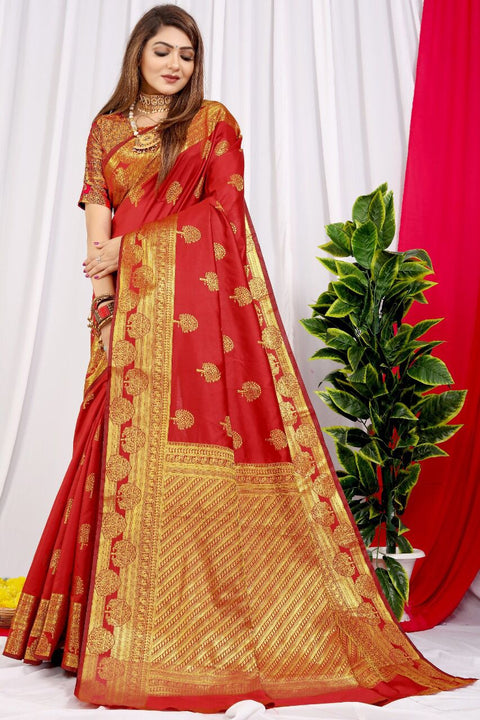 VastraLakshmi Majesty Red Soft Banarasi Silk Saree With Supernal Blouse Piece