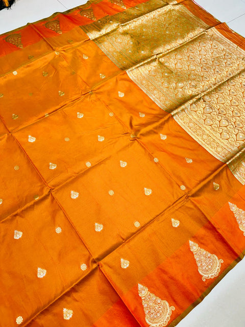 VastraLakshmi Enchanting Orange Soft Banarasi Silk Saree With Luxuriant Blouse Piece