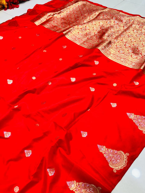 VastraLakshmi Evanescent Red Soft Banarasi Silk Saree With Ebullience Blouse Piece