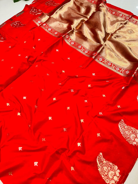 VastraLakshmi Gleaming Red Soft Banarasi Silk Saree With Mesmerising Blouse Piece