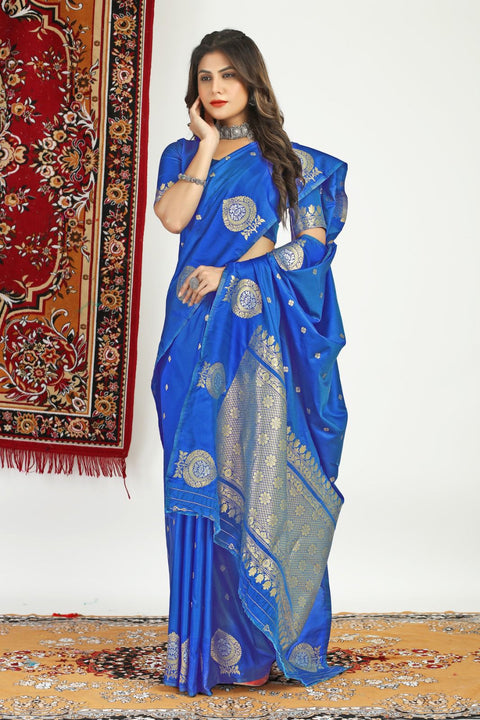 VastraLakshmi Flaunt Blue Banarasi Silk Saree With Sizzling Blouse Piece